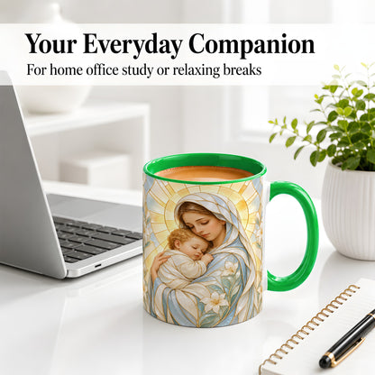 #pl[11oz|Green] Stained Glass Style Mary Ceramic Mug with Floral Faith Art