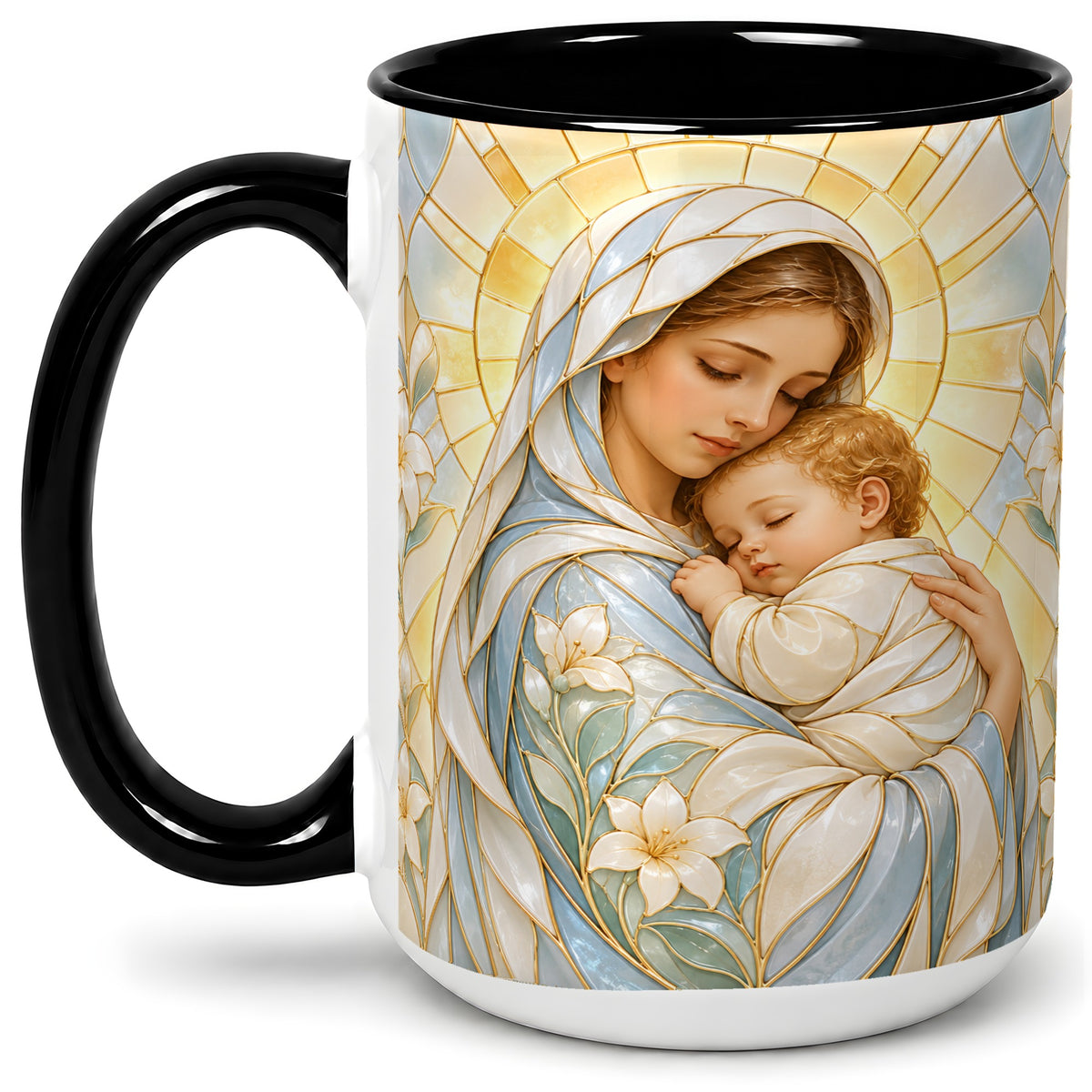 #pl[15oz|Black] Stained Glass Style Mary Ceramic Mug with Floral Faith Art