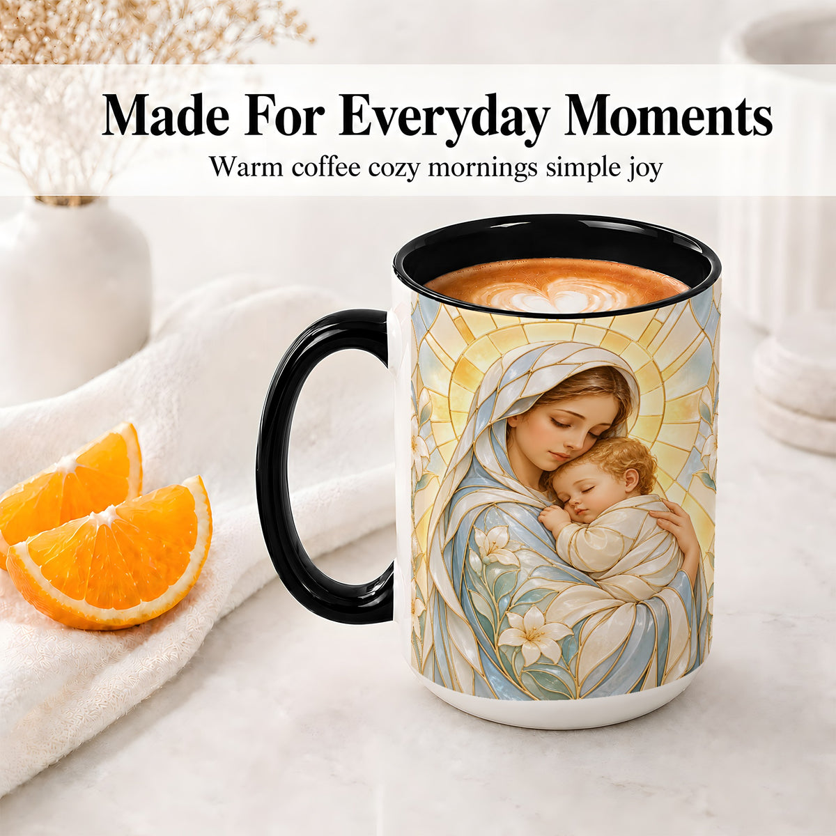 #pl[15oz|Black] Stained Glass Style Mary Ceramic Mug with Floral Faith Art