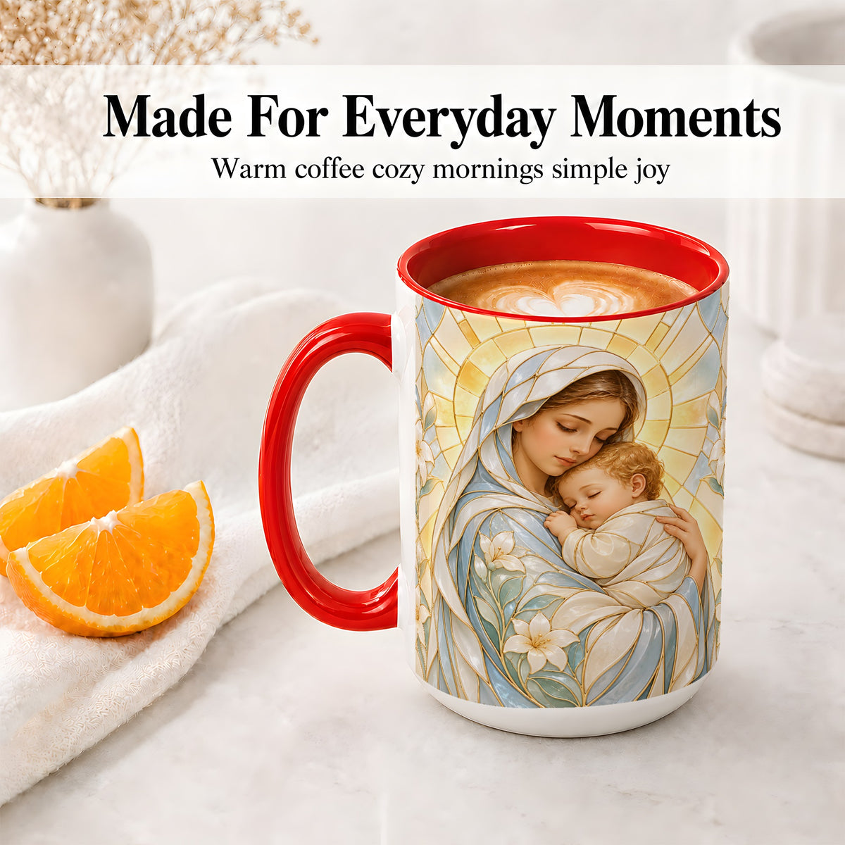 #pl[15oz|Red] Stained Glass Style Mary Ceramic Mug with Floral Faith Art