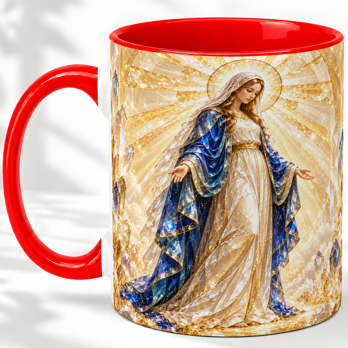Radiant Mary Ceramic Mug with Crystal Style Sacred Artwork