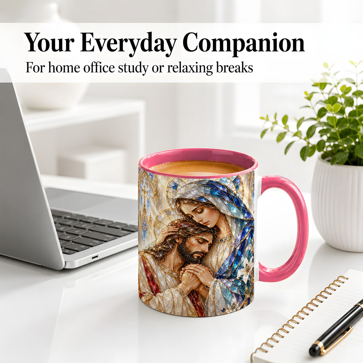 #pl[11oz|Pink] Mary and Jesus Ceramic Mug with Stained Glass Style Faith Art