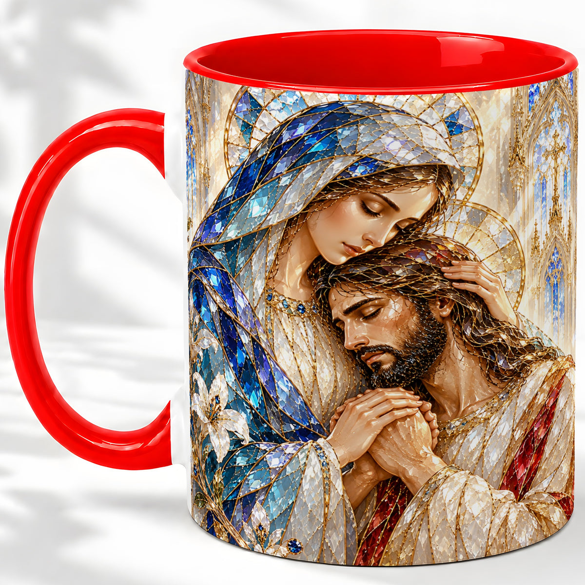 Mary and Jesus Ceramic Mug with Stained Glass Style Faith Art
