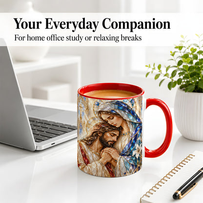 #pl[11oz|Red] Mary and Jesus Ceramic Mug with Stained Glass Style Faith Art