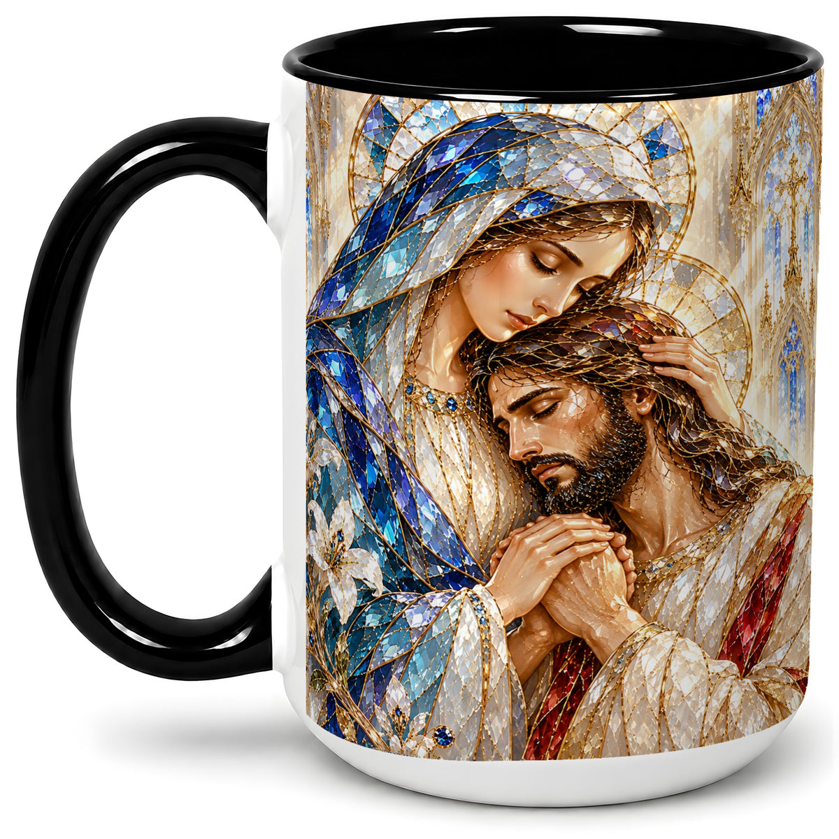 #pl[15oz|Black] Mary and Jesus Ceramic Mug with Stained Glass Style Faith Art