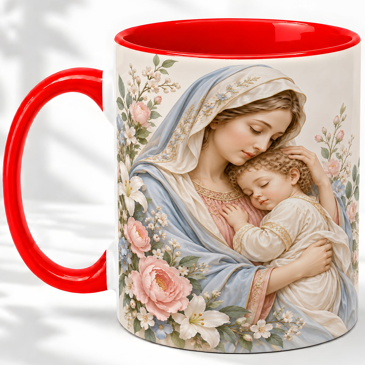 Mother and Child Floral Ceramic Mug with Pastel Botanical Art