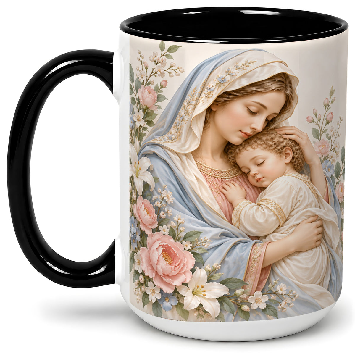 #pl[15oz|Black] Mother and Child Floral Ceramic Mug with Pastel Botanical Art