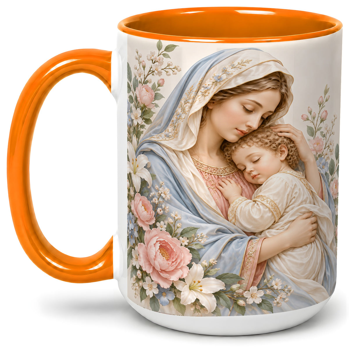#pl[15oz|Orange] Mother and Child Floral Ceramic Mug with Pastel Botanical Art