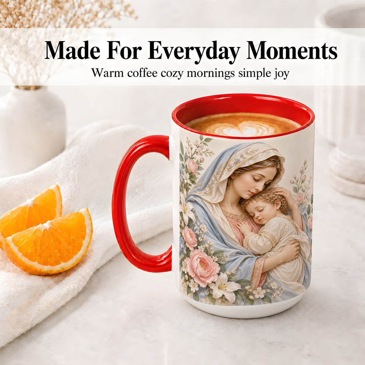 #pl[15oz|Red] Mother and Child Floral Ceramic Mug with Pastel Botanical Art