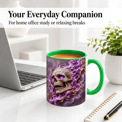 #pl[11oz|Green] Purple Flame Skull Ceramic Mug for Gothic Art Lovers