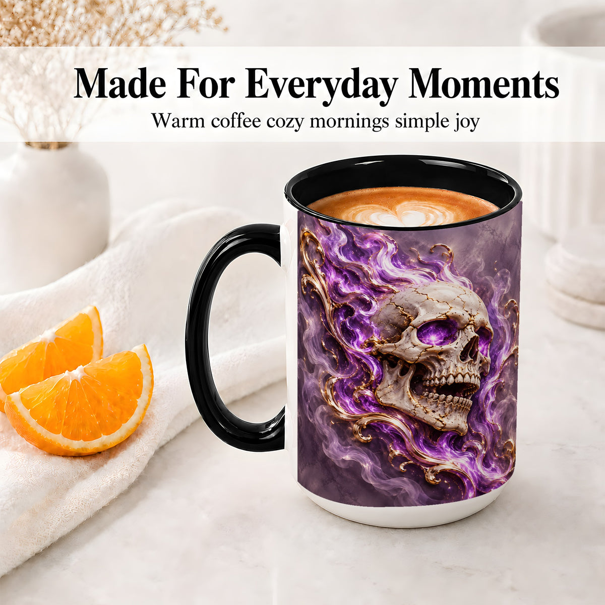 #pl[15oz|Black] Purple Flame Skull Ceramic Mug for Gothic Art Lovers