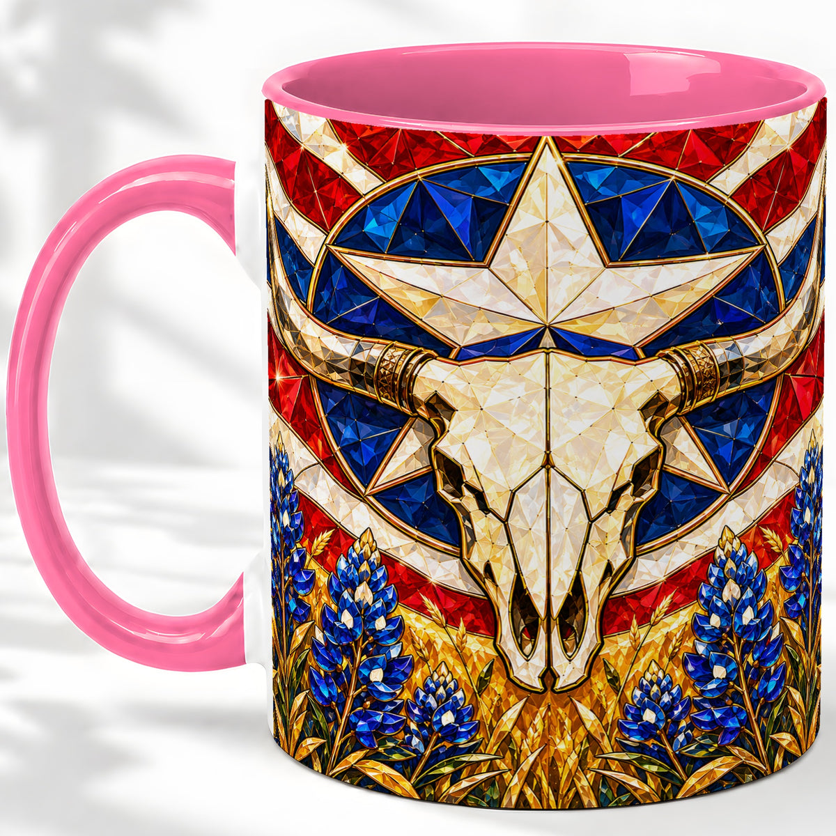 #pl[11oz|Pink] Western Cattle Skull Ceramic Mug for Western Art Lovers