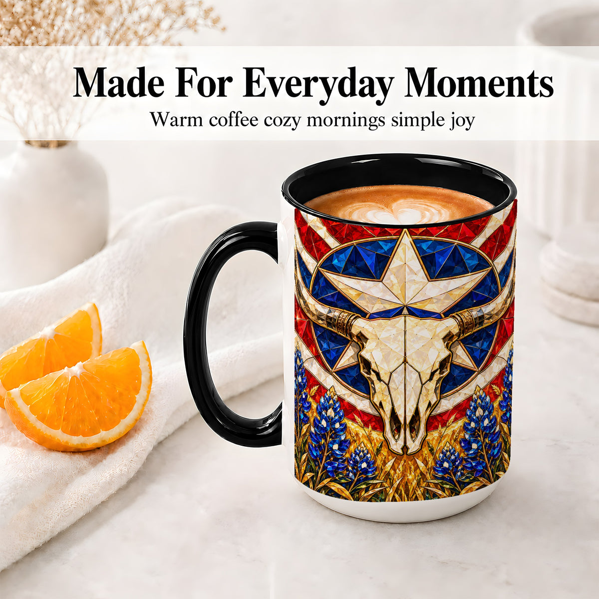 #pl[15oz|Black] Western Cattle Skull Ceramic Mug for Western Art Lovers