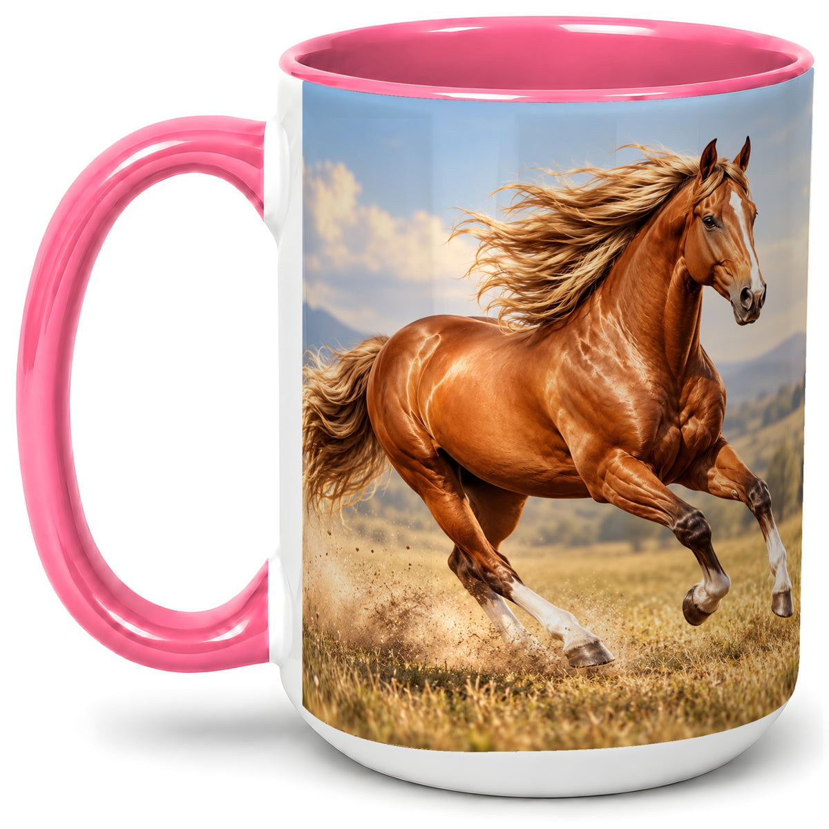 #pl[15oz|Pink] Galloping Chestnut Horse Ceramic Mug for Horse Lovers