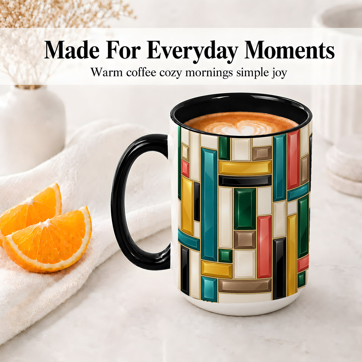 #pl[15oz|Black] Geometric Gemstone Pattern Ceramic Mug for Abstract Art Lovers