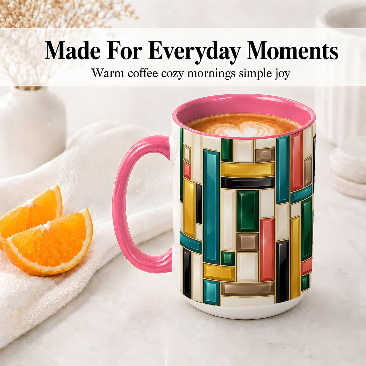 #pl[15oz|Pink] Geometric Gemstone Pattern Ceramic Mug for Abstract Art Lovers