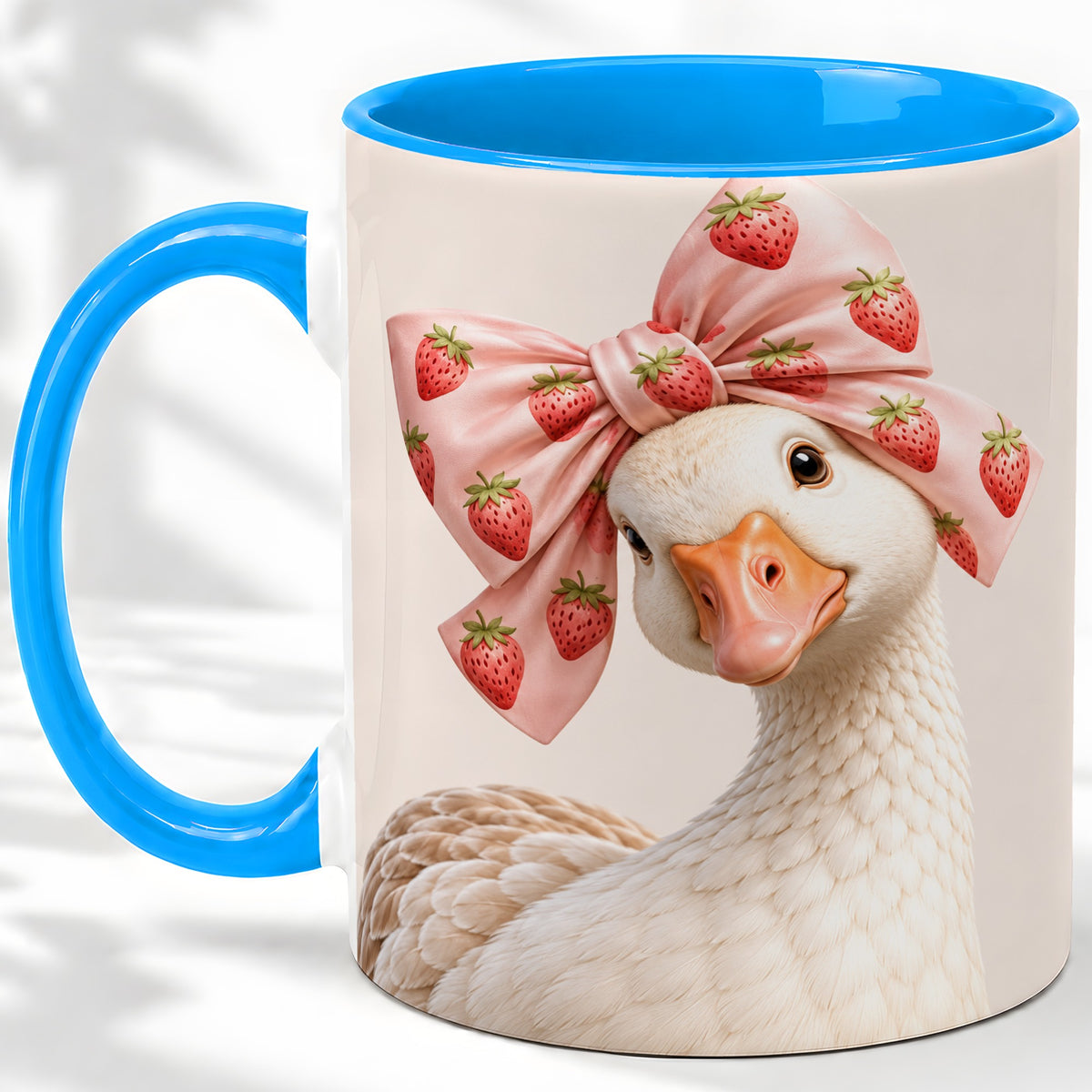 #pl[11oz|Blue] Strawberry Bow Goose Ceramic Mug for Goose Lovers