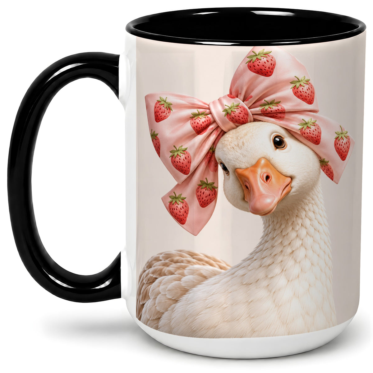 #pl[15oz|Black] Strawberry Bow Goose Ceramic Mug for Goose Lovers