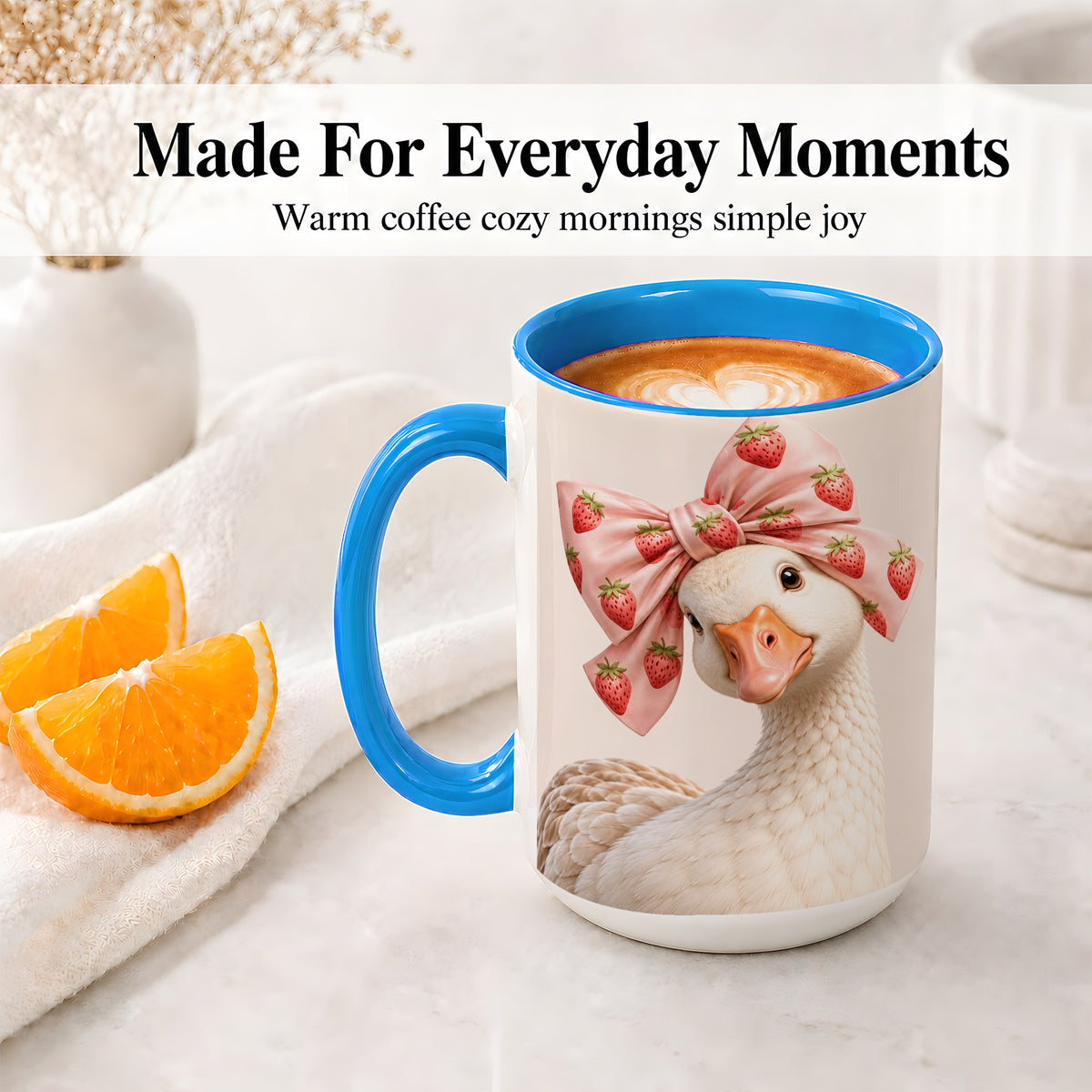 #pl[15oz|Blue] Strawberry Bow Goose Ceramic Mug for Goose Lovers