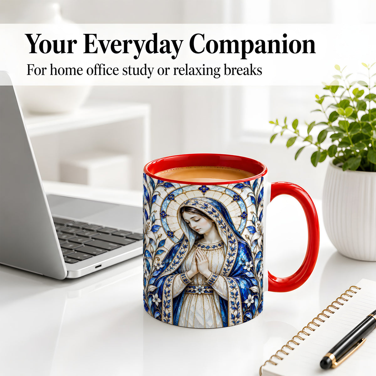 #pl[11oz|Red] Virgin Mary Floral Ceramic Mug for Christian Art Lovers