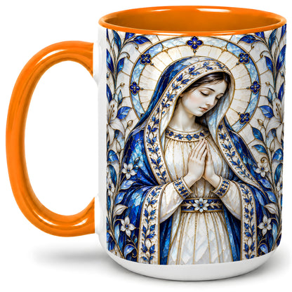 #pl[15oz|Orange] Virgin Mary Floral Ceramic Mug for Christian Art Lovers