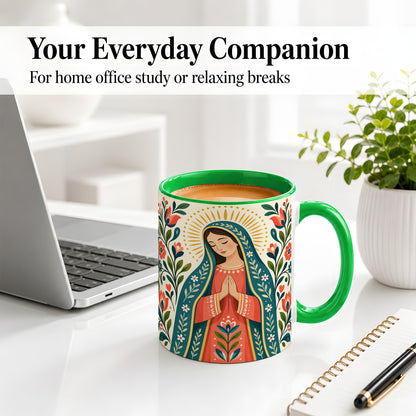 #pl[11oz|Green] Folk Art Virgin Mary Ceramic Mug for Christian Art Lovers