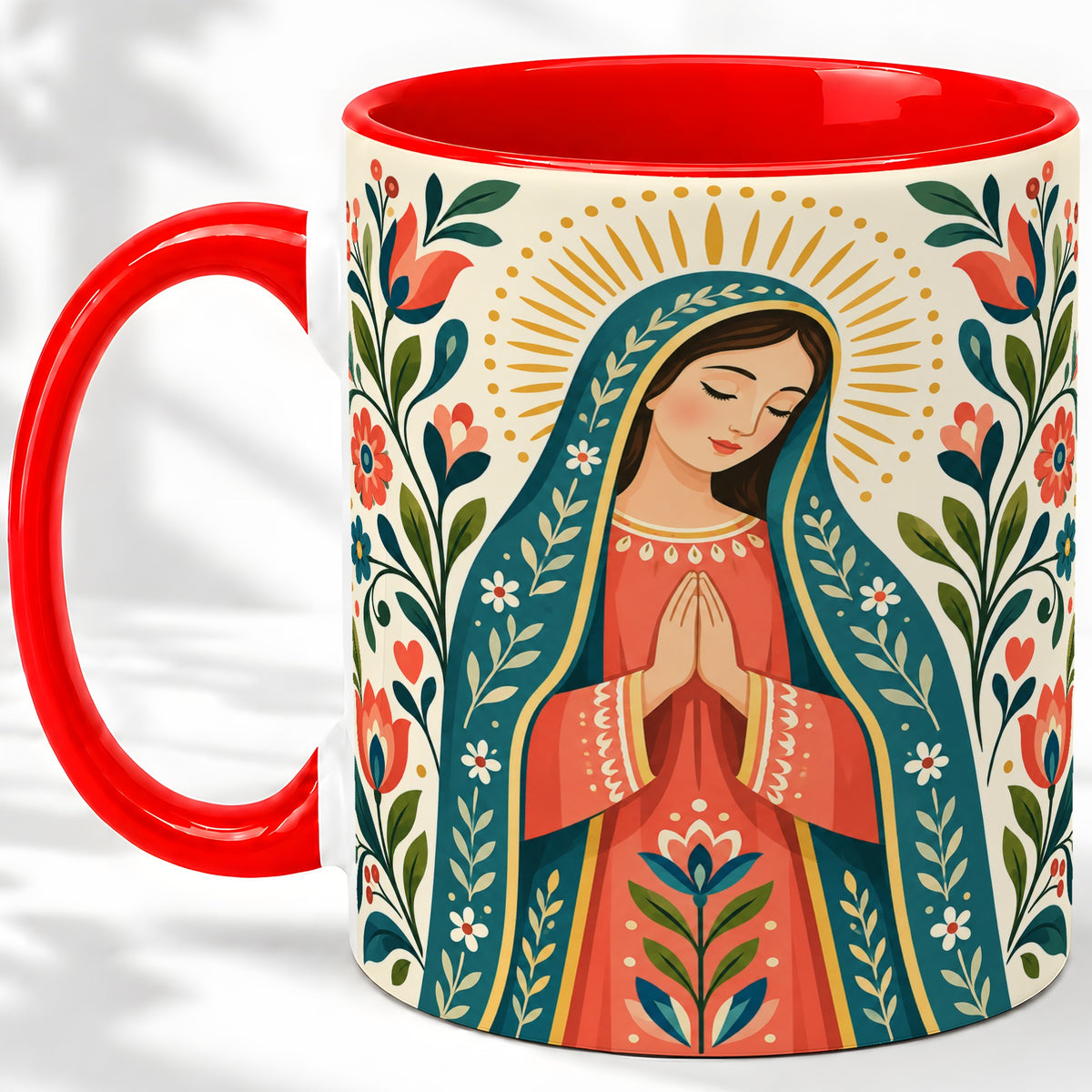 Folk Art Virgin Mary Ceramic Mug for Christian Art Lovers
