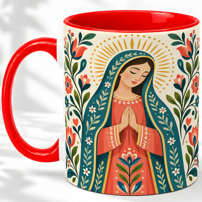 Folk Art Virgin Mary Ceramic Mug for Christian Art Lovers
