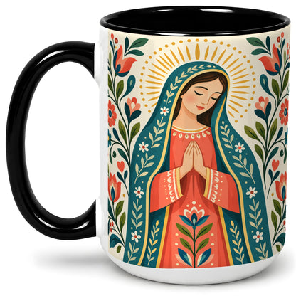 #pl[15oz|Black] Folk Art Virgin Mary Ceramic Mug for Christian Art Lovers