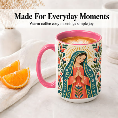 #pl[15oz|Pink] Folk Art Virgin Mary Ceramic Mug for Christian Art Lovers