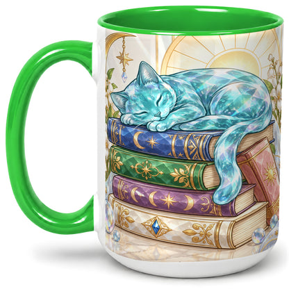 #pl[15oz|Green] Celestial Sleeping Cat Ceramic Mug for Cat Lovers