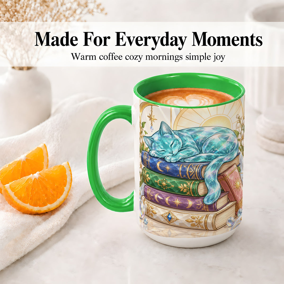 #pl[15oz|Green] Celestial Sleeping Cat Ceramic Mug for Cat Lovers