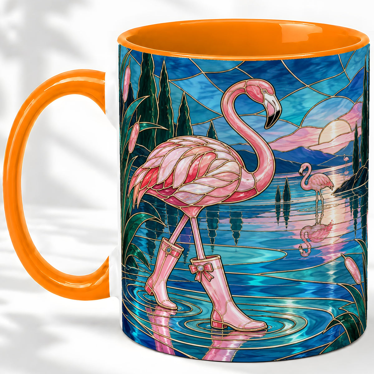 #pl[11oz|Orange] Stained Glass Style Flamingo Ceramic Mug for Bird Lovers