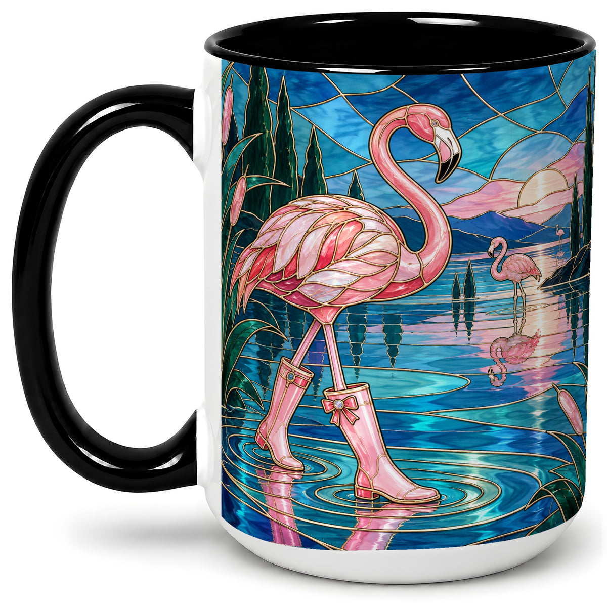 #pl[15oz|Black] Stained Glass Style Flamingo Ceramic Mug for Bird Lovers