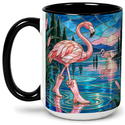 #pl[15oz|Black] Stained Glass Style Flamingo Ceramic Mug for Bird Lovers