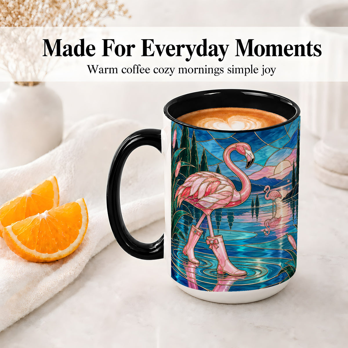 #pl[15oz|Black] Stained Glass Style Flamingo Ceramic Mug for Bird Lovers