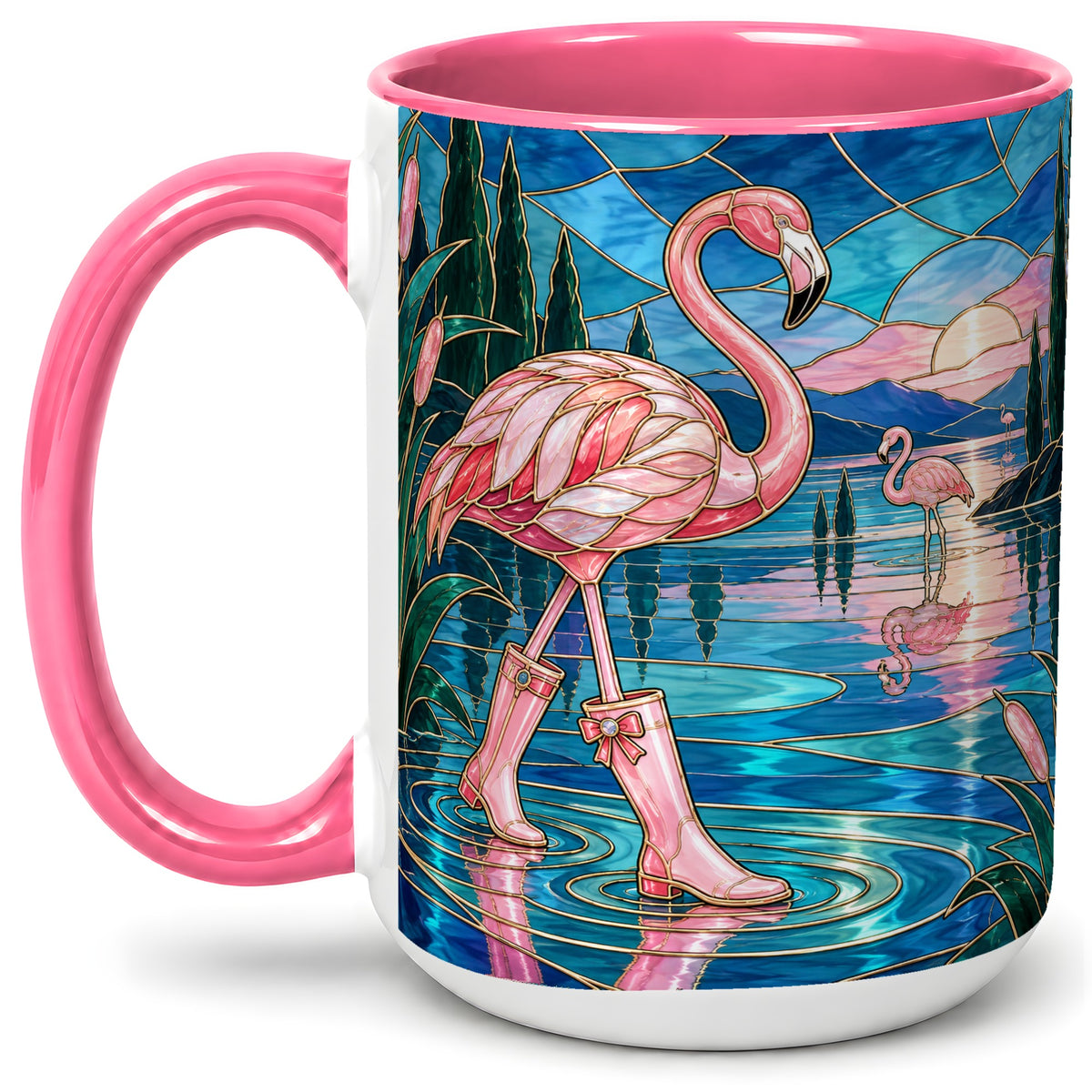 #pl[15oz|Pink] Stained Glass Style Flamingo Ceramic Mug for Bird Lovers