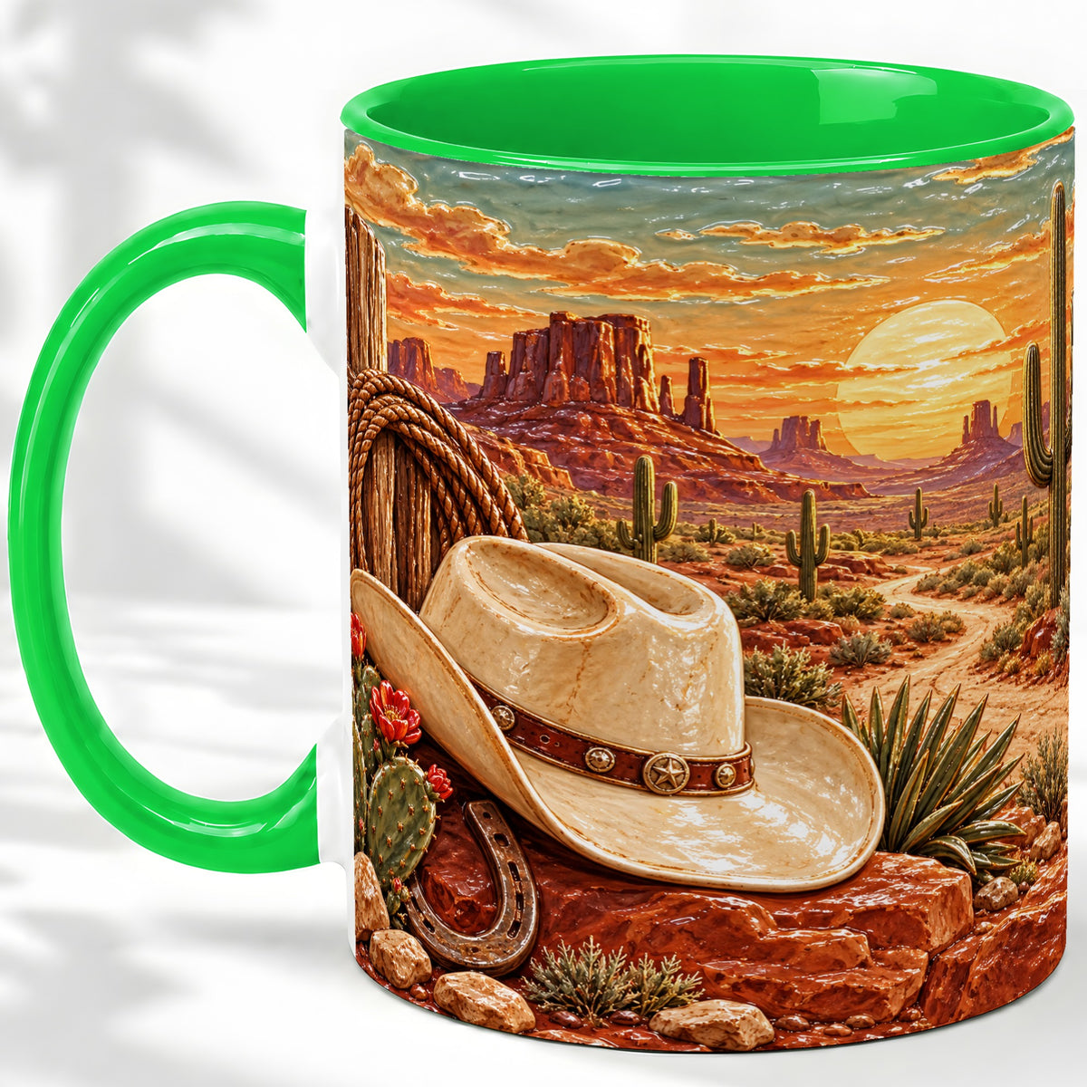 #pl[11oz|Green] Western Cowboy Desert Ceramic Mug for Western Style Fans