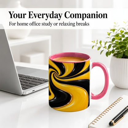 #pl[11oz|Pink] Yellow Black Abstract Swirl Ceramic Mug for Modern Art Fans