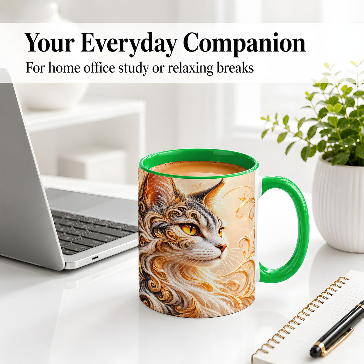 #pl[11oz|Green] Ornate Filigree Cat Portrait Ceramic Mug for Cat Lovers