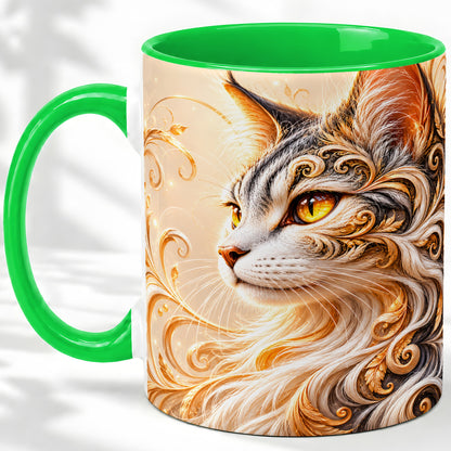 #pl[11oz|Green] Ornate Filigree Cat Portrait Ceramic Mug for Cat Lovers