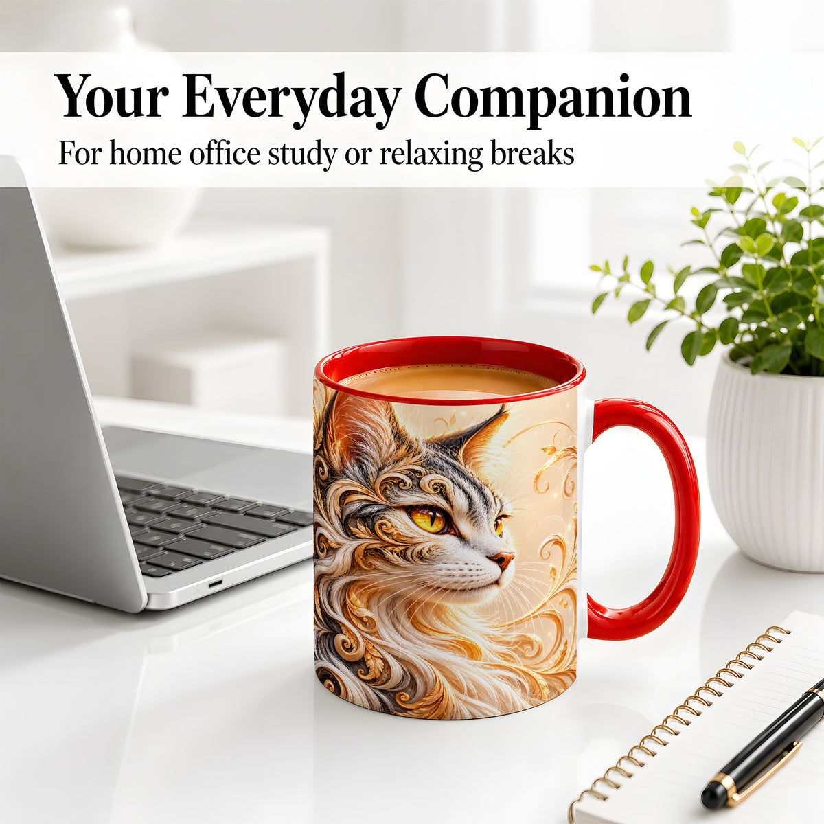 #pl[11oz|Red] Ornate Filigree Cat Portrait Ceramic Mug for Cat Lovers