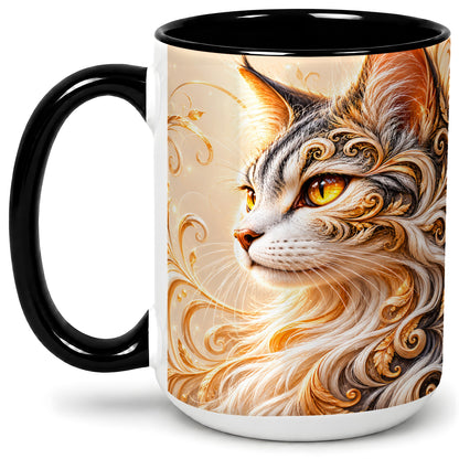 #pl[15oz|Black] Ornate Filigree Cat Portrait Ceramic Mug for Cat Lovers