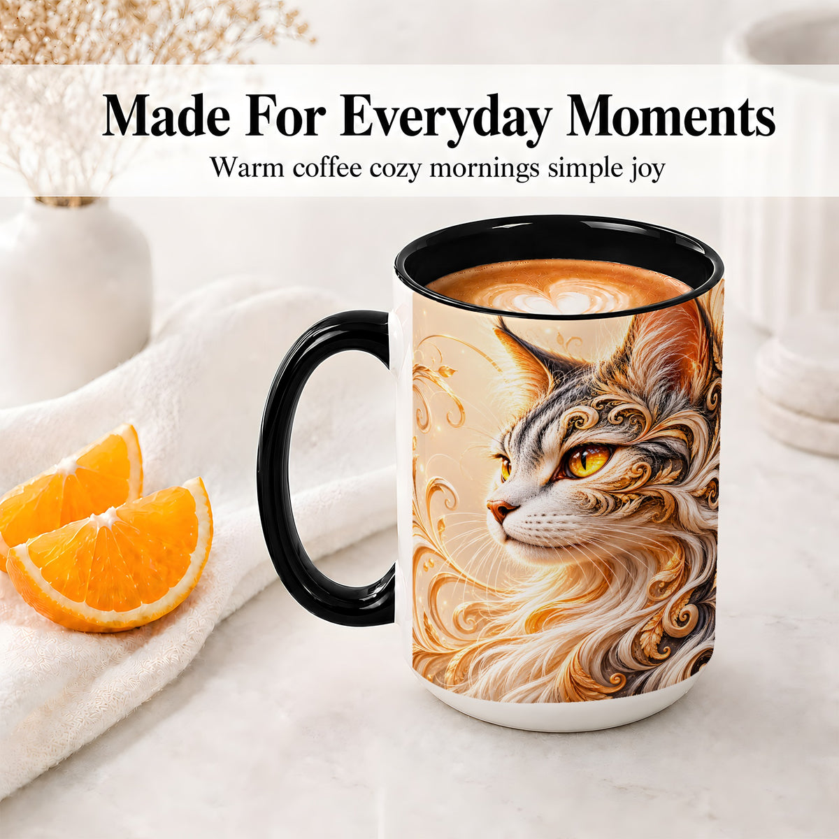 #pl[15oz|Black] Ornate Filigree Cat Portrait Ceramic Mug for Cat Lovers