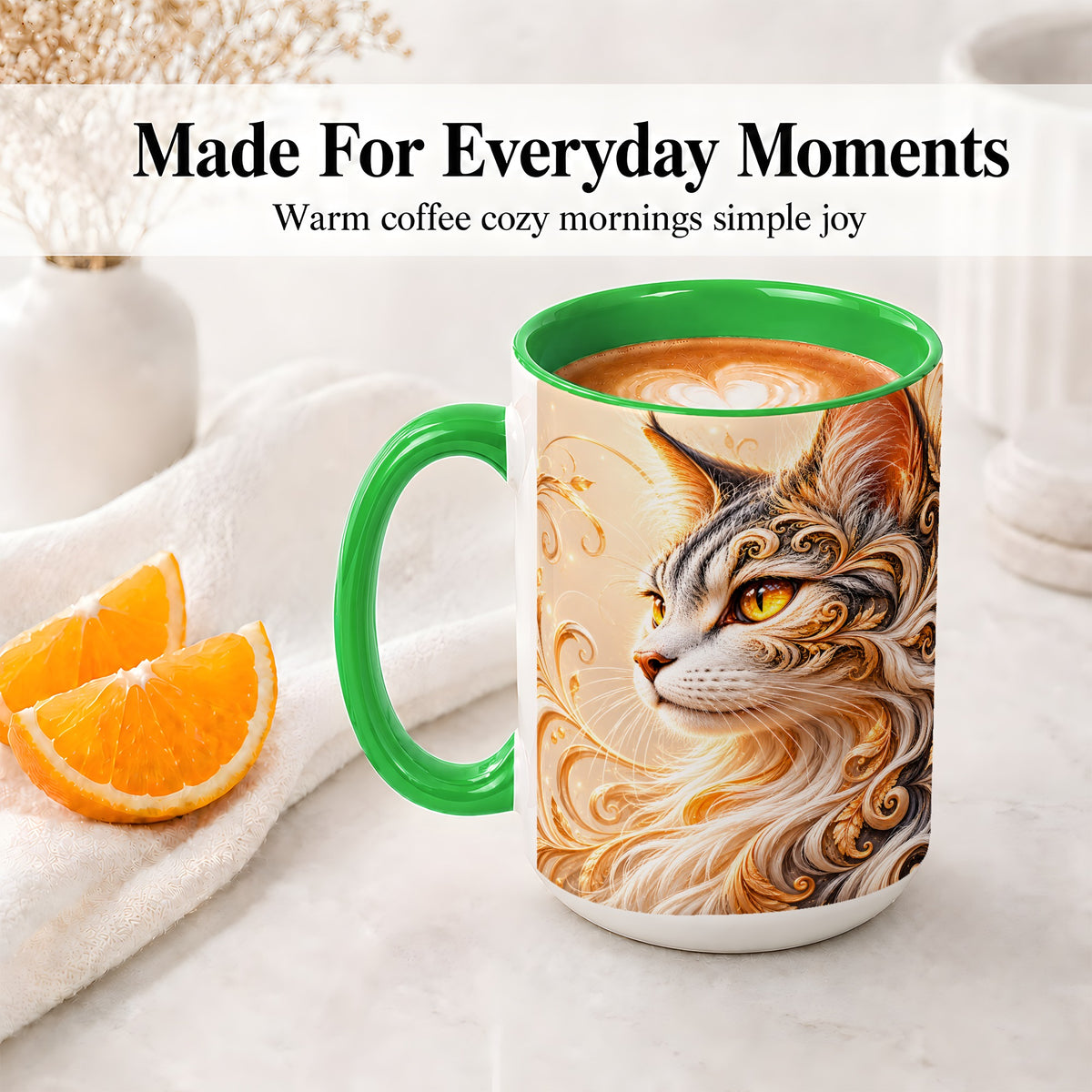 #pl[15oz|Green] Ornate Filigree Cat Portrait Ceramic Mug for Cat Lovers