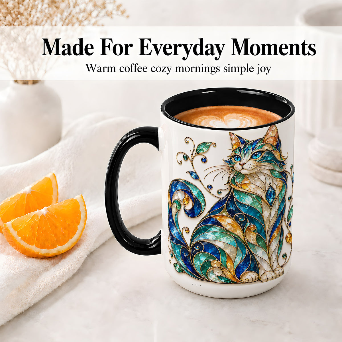 #pl[15oz|Black] Stained Glass Style Cat Ceramic Mug for Cat Lovers