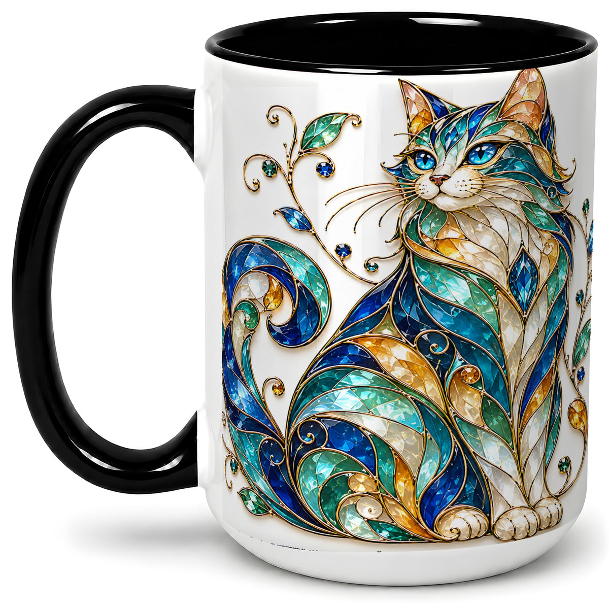 #pl[15oz|Black] Stained Glass Style Cat Ceramic Mug for Cat Lovers