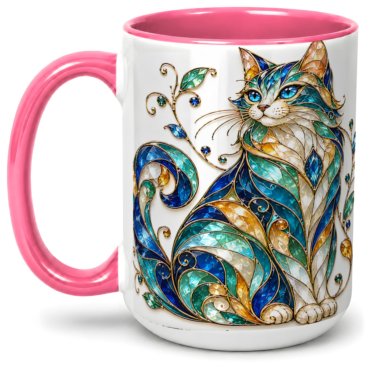 #pl[15oz|Pink] Stained Glass Style Cat Ceramic Mug for Cat Lovers