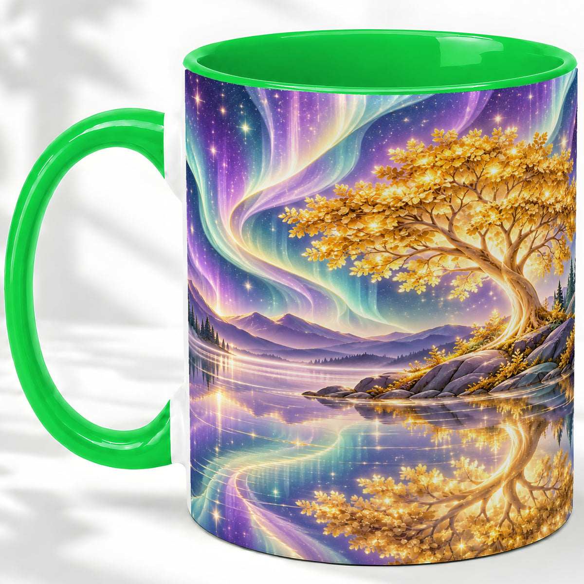 #pl[11oz|Green] Golden Tree Aurora Ceramic Mug for Nature Lovers