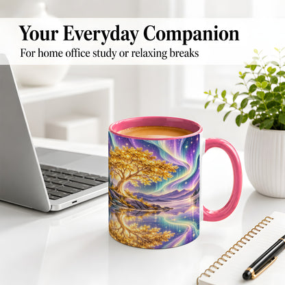 #pl[11oz|Pink] Golden Tree Aurora Ceramic Mug for Nature Lovers